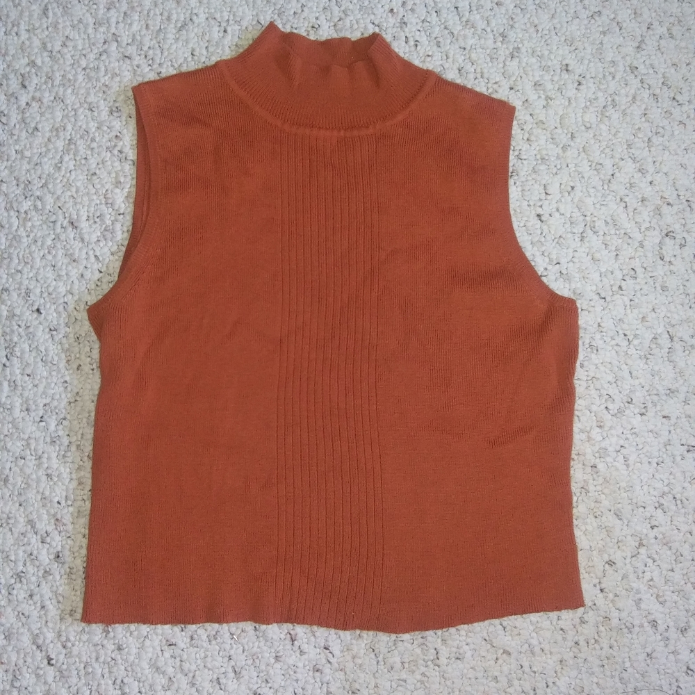 Orange Ribbed Turtleneck Sleeveless Shirt